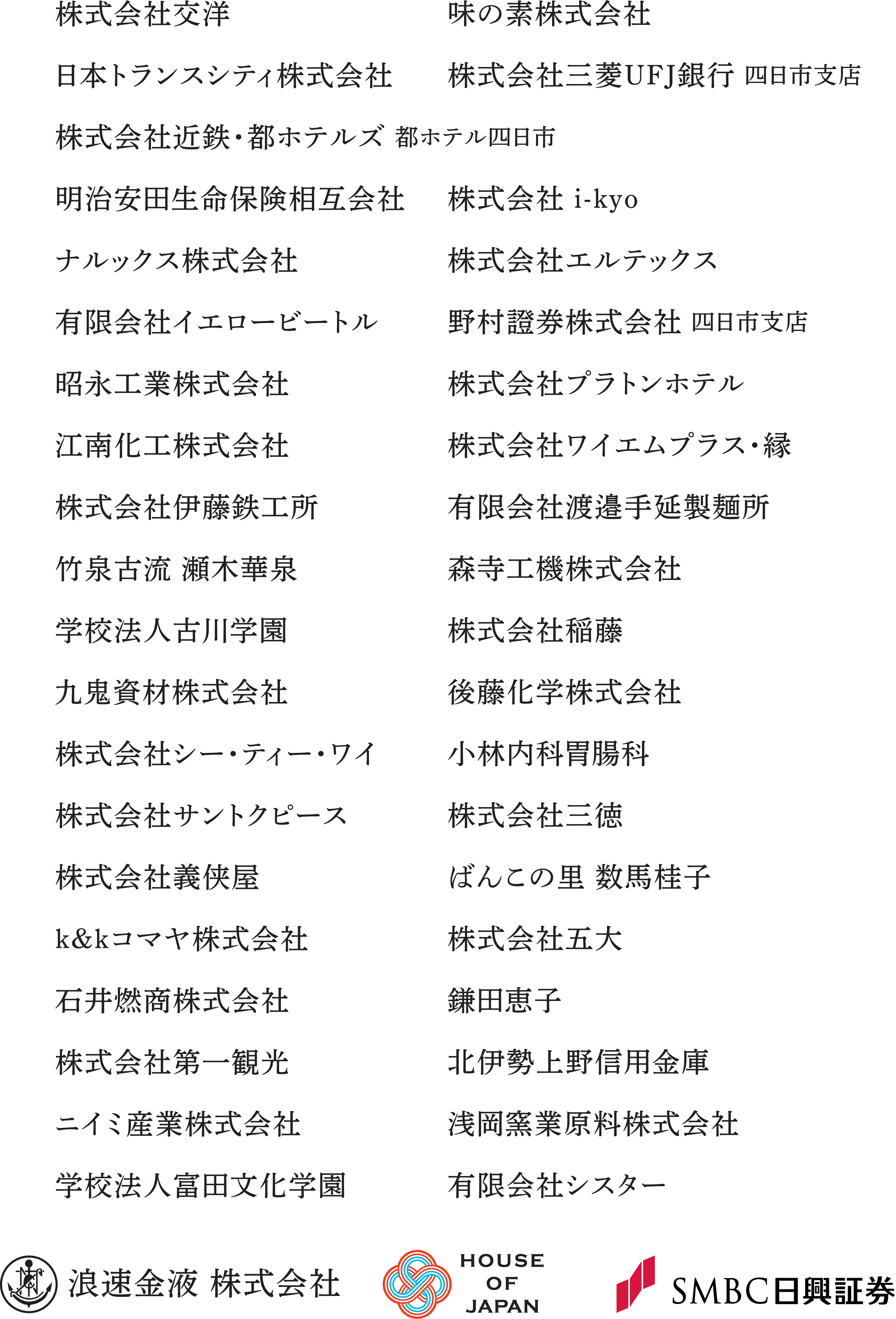 株式会社交洋 | 味の素株式会社 | 日本トランスシティ株式会社 | 株式会社三菱UFJ銀行 四日市支店 | 株式会社近鉄・都ホテルズ 都ホテル四日市 | 明治安田生命保険相互会社 | 株式会社 i-kyo | ナルックス株式会社 | 株式会社エルテックス | 有限会社イエロービートル | 野村證券株式会社 四日市支店 | 昭永工業株式会社 | 株式会社プラトンホテル | 江南化工株式会社 | 株式会社ワイエムプラス・緑 | 株式会社伊藤鉄工所 | 有限会社渡邉手延製麺所 | 竹泉流 瀬木華泉 | 森寺工機株式会社 | 学校法人古川学園 | 株式会社稲藤 | 九鬼資材株式会社 | 後藤化学株式会社 | 株式会社シー・ティー・ワイ | 小林内科胃腸科 | 株式会社サントクピース | 株式会社三徳 | 株式会社義侠屋 | ばんこの里 数馬桂子 | k&kコマヤ株式会社 | 株式会社五大 | 石井燃商株式会社 | 鎌田恵子 | 株式会社第一観光 | 北伊勢上野信用金庫 | ニイミ産業株式会社 | 浅岡窯業原料株式会社 | 学校法人富田文化学園 | 有限会社シスター